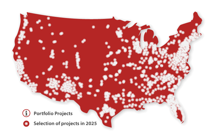 US Map with selected projects from 2025